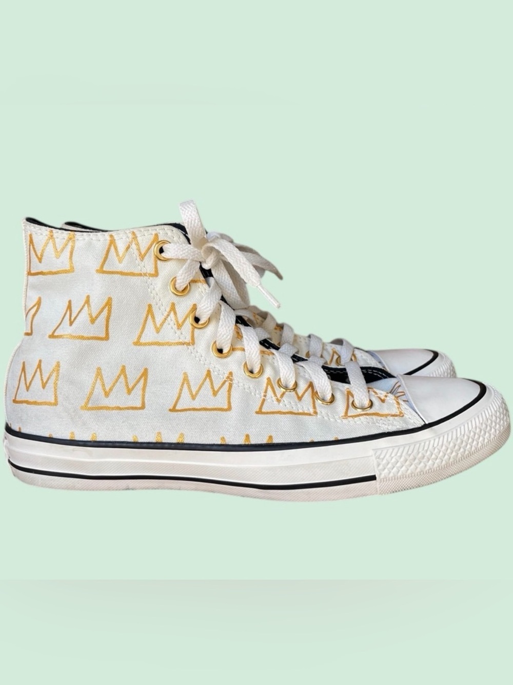 ~Converse x Jean Michel Basquiat Unisex High-Top Sneakers White & Gold. EUC - Picture 3 of 15